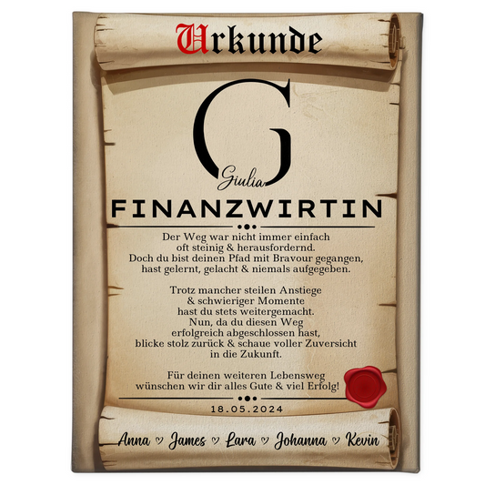 Geschenk Zum Abschluss Ausbildung Finanzwirtin Leinwand Urkunde 1