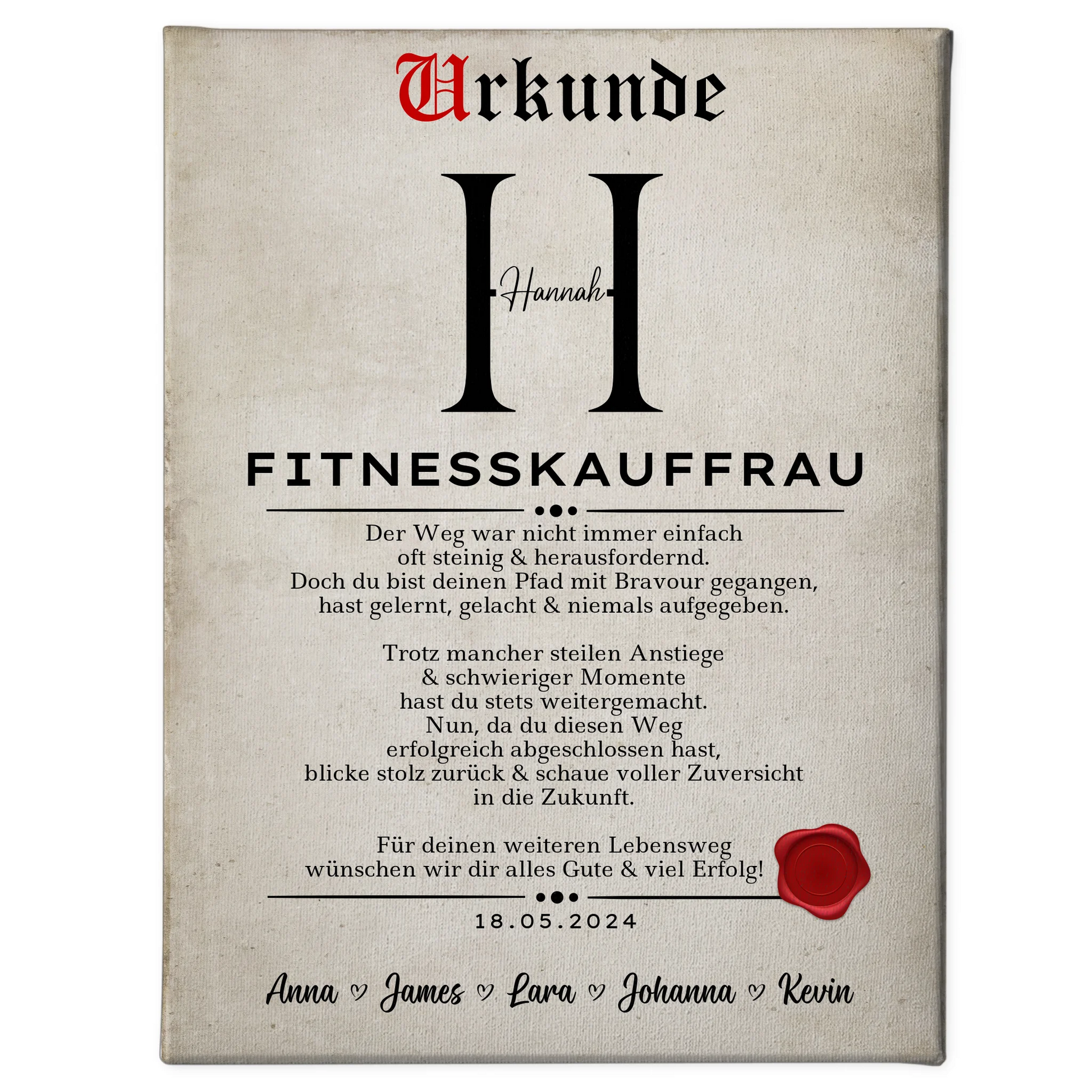 Geschenk Abschluss Ausbildung Fitnesskauffrau Leinwand Urkunde 1