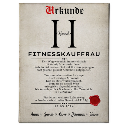 Geschenk Abschluss Ausbildung Fitnesskauffrau Leinwand Urkunde 1