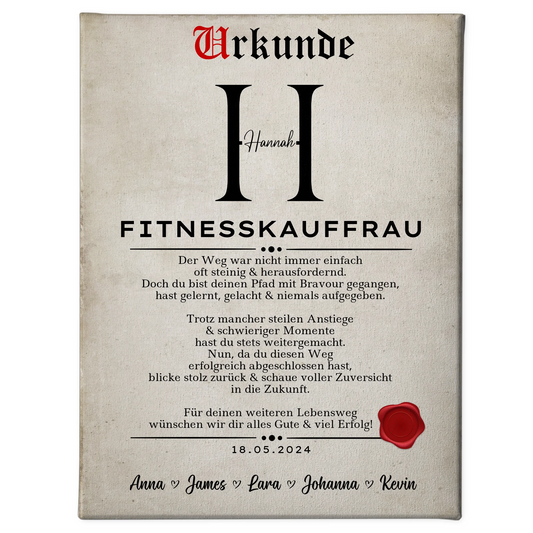 Geschenk Abschluss Ausbildung Fitnesskauffrau Leinwand Urkunde 1