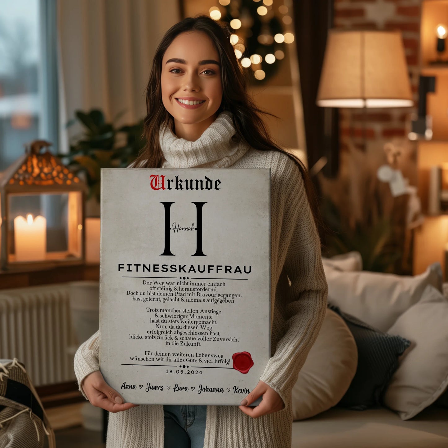Geschenk Abschluss Ausbildung Fitnesskauffrau Leinwand Urkunde 2