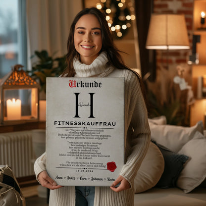 Geschenk Abschluss Ausbildung Fitnesskauffrau Leinwand Urkunde 2