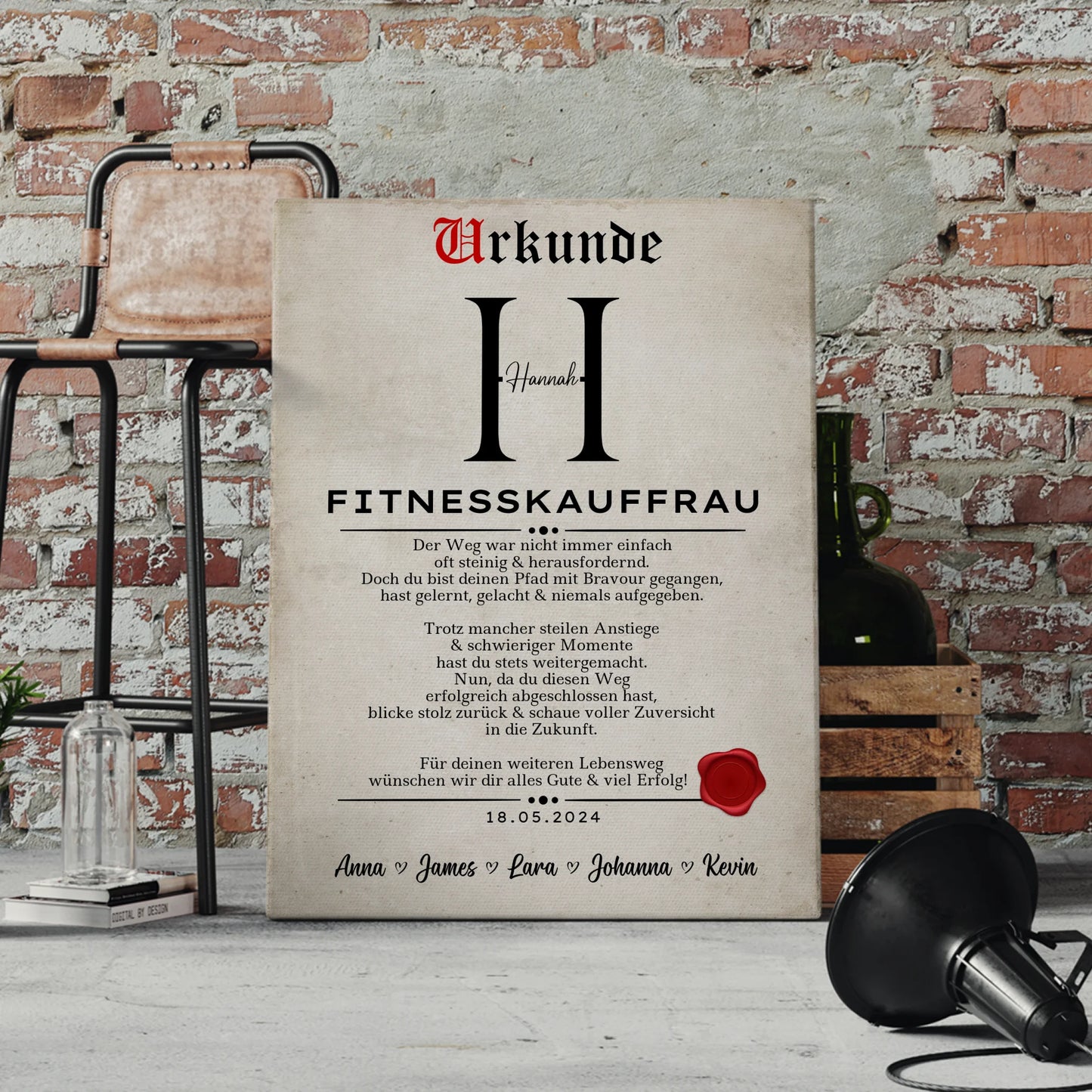 Geschenk Abschluss Ausbildung Fitnesskauffrau Leinwand Urkunde 4