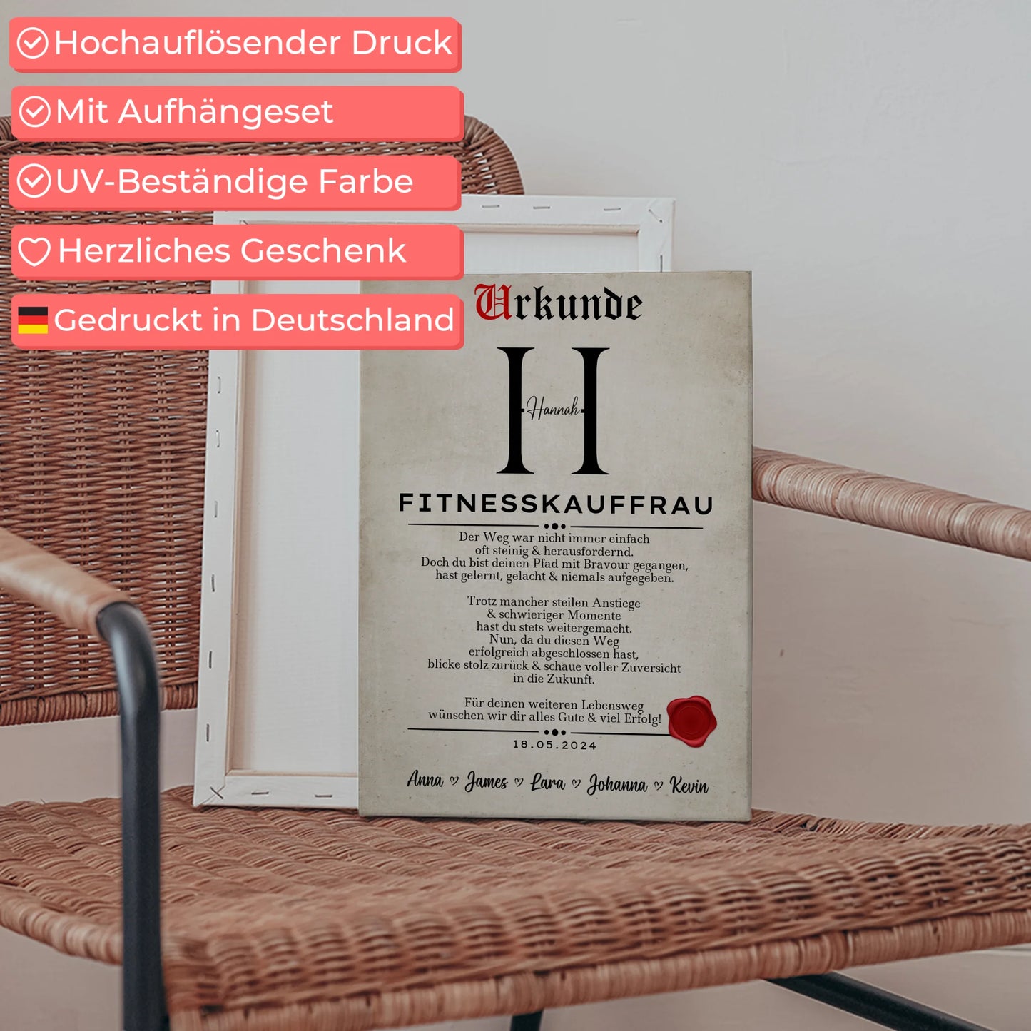Geschenk Abschluss Ausbildung Fitnesskauffrau Leinwand Urkunde 5