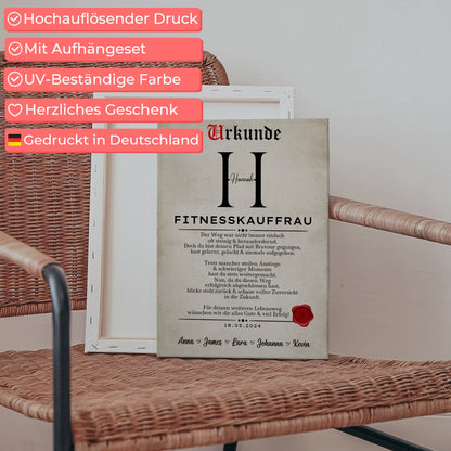 Geschenk Abschluss Ausbildung Fitnesskauffrau Leinwand Urkunde 5