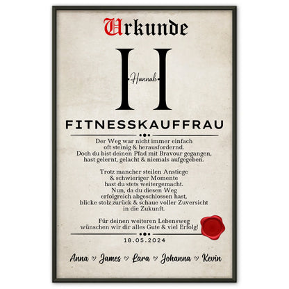 Geschenk Abschluss Ausbildung Fitnesskauffrau Poster Urkunde personalisiert