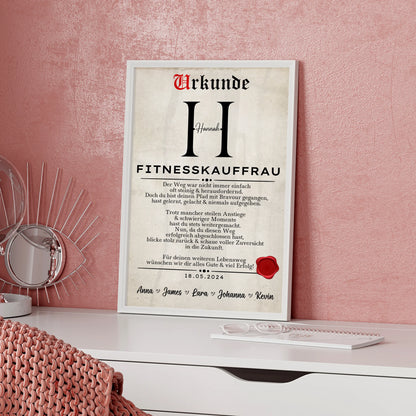 Geschenk Abschluss Ausbildung Fitnesskauffrau Poster Urkunde personalisiert