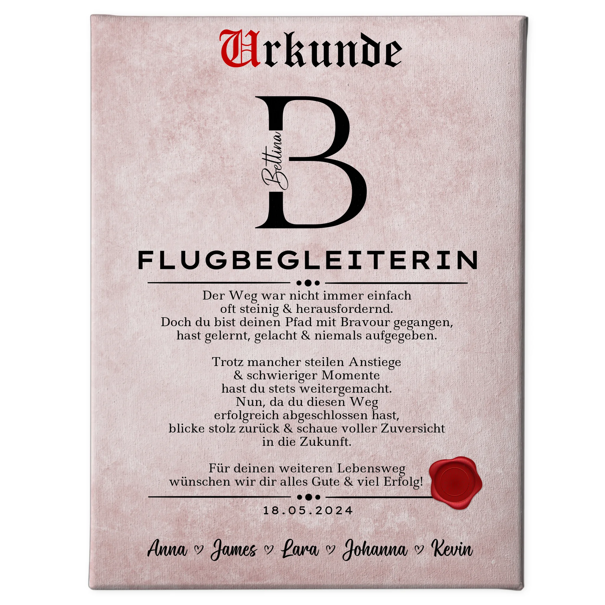 Geschenk Abschluss Ausbildung Flugbegleiterin Leinwand Urkunde 1