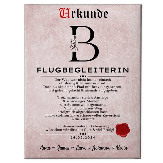 Geschenk Abschluss Ausbildung Flugbegleiterin Leinwand Urkunde 1