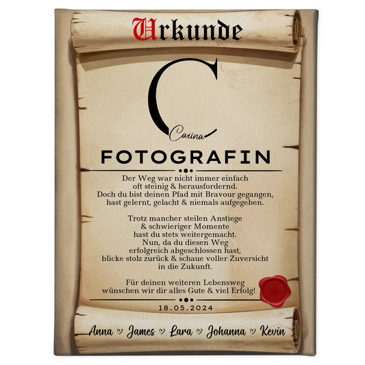 Ausbildungsabschluss Geschenk Fotografin Leinwand Urkunde 1