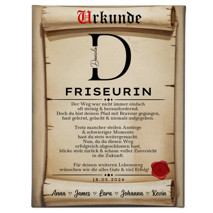 Geschenk Zum Abschluss Ausbildung Friseurin Leinwand Urkunde 1