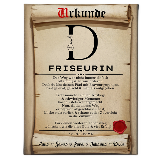 Geschenk Zum Abschluss Ausbildung Friseurin Leinwand Urkunde 1