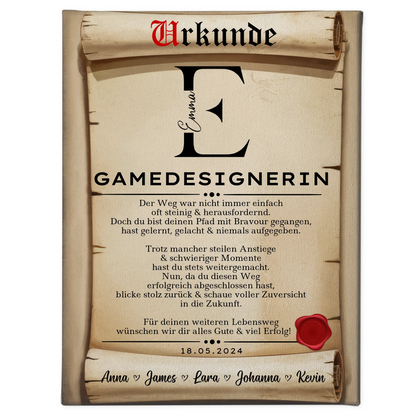 Geschenk Abschluss Ausbildung Gamedesignerin Leinwand Urkunde 1