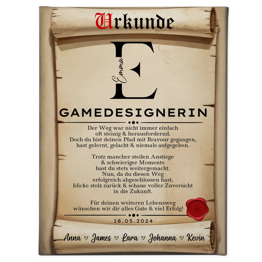 Geschenk Abschluss Ausbildung Gamedesignerin Leinwand Urkunde 1