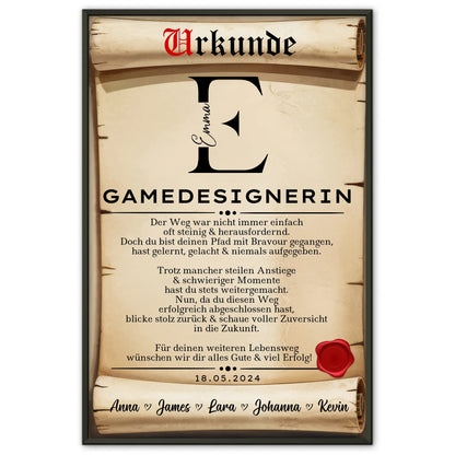Geschenk Abschluss Ausbildung Poster UrkundeGamedesignerin