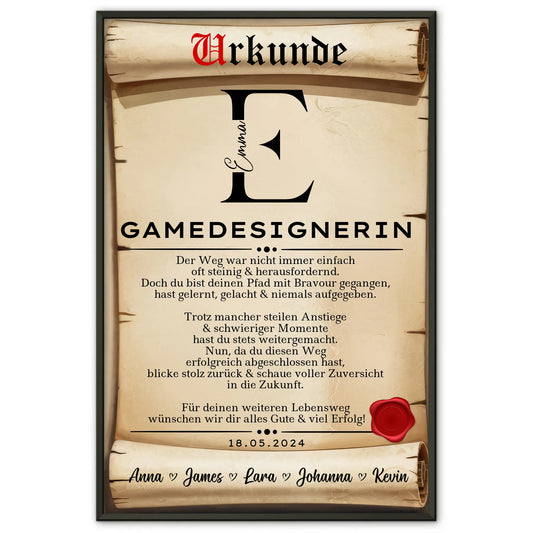 Geschenk Abschluss Ausbildung Poster UrkundeGamedesignerin
