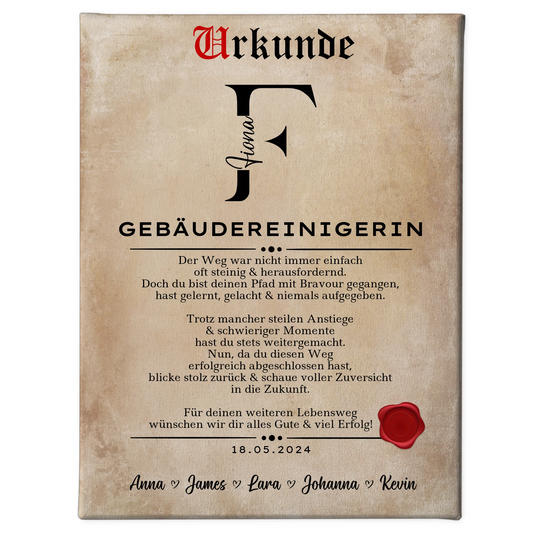 Ausbildungsabschluss Geschenk Gebäudereinigerin Leinwand Urkunde 1