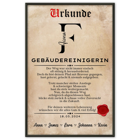 Poster UrkundeAusbildungsabschluss GeschenkGebäudereinigerin