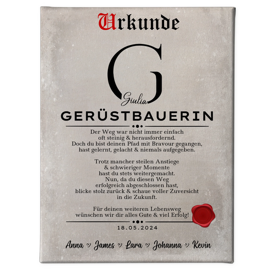 Geschenk Zum Abschluss Ausbildung Gerüstbauerin Leinwand Urkunde 1