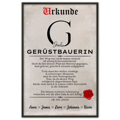 Geschenk Zum Abschluss AusbildungGeruestbauerinPoster Urkunde