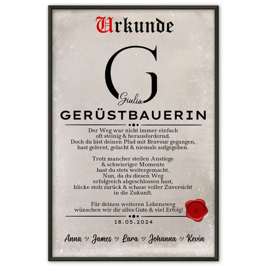 Geschenk Zum Abschluss AusbildungGeruestbauerinPoster Urkunde