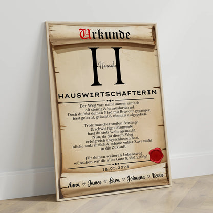 Geschenk Abschluss Ausbildung Hauswirtschafterin Poster Urkunde personalisiert
