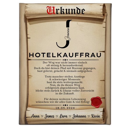 Geschenk Zum Abschluss Ausbildung Hotelkauffrau Leinwand Urkunde 1