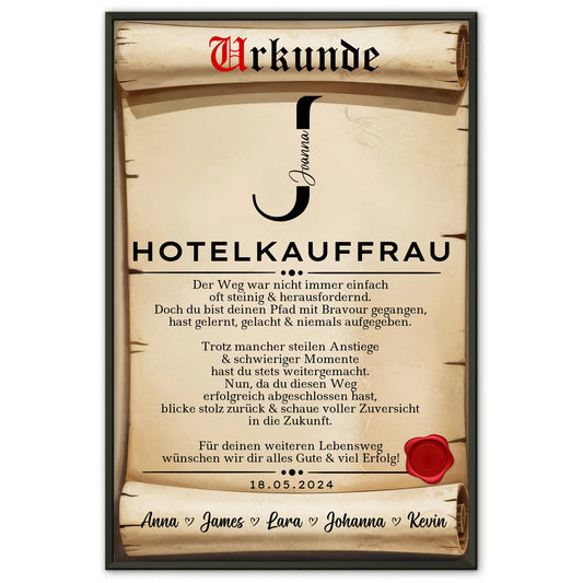Geschenk Zum Abschluss Ausbildung Hotelkauffrau Poster Urkunde