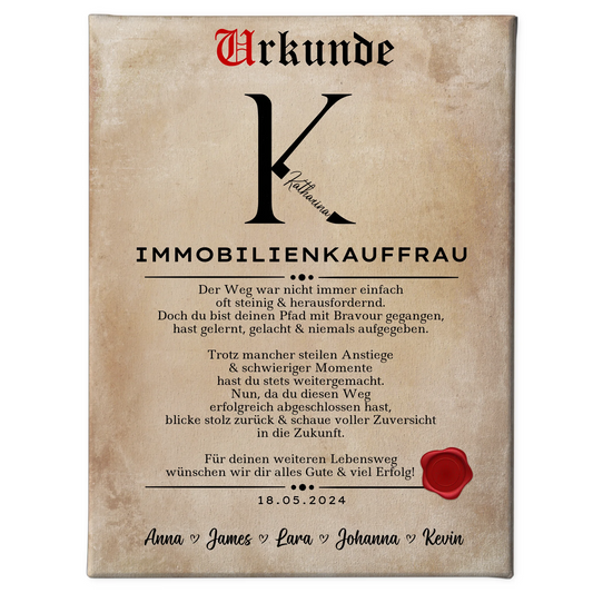 Geschenk Abschluss Ausbildung Immobilienkauffrau Leinwand Urkunde 1