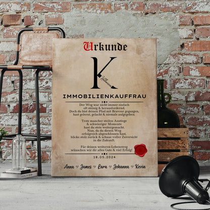 Geschenk Abschluss Ausbildung Immobilienkauffrau Leinwand Urkunde 4