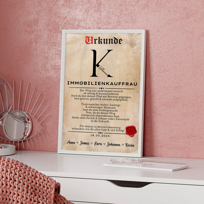 Geschenk Abschluss Ausbildung Immobilienkauffrau Poster Urkunde personalisiert