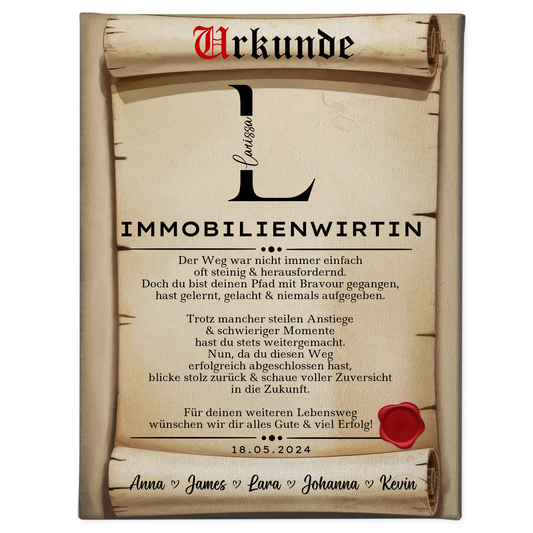 Ausbildungsabschluss Geschenk Immobilienwirtin Leinwand Urkunde 1