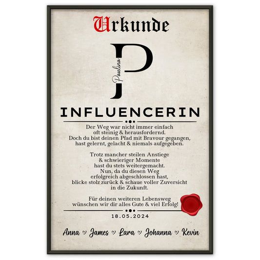 Ausbildungsabschluss Geschenk Influencerin Poster Urkunde