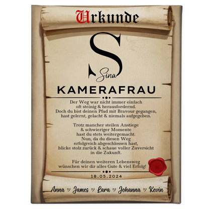 Geschenk Abschluss Ausbildung Kamerafrau Leinwand Urkunde 1