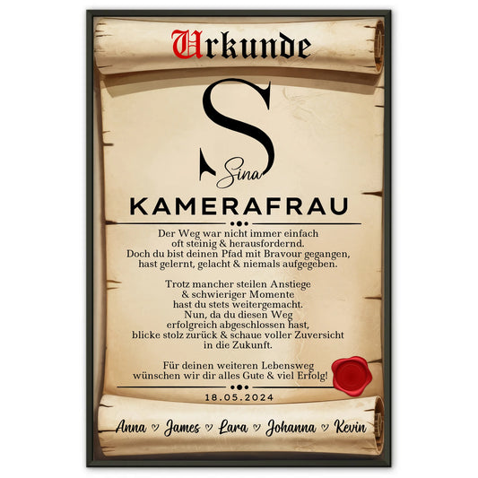 Geschenk Abschluss Ausbildung Kamerafrau Poster Urkunde