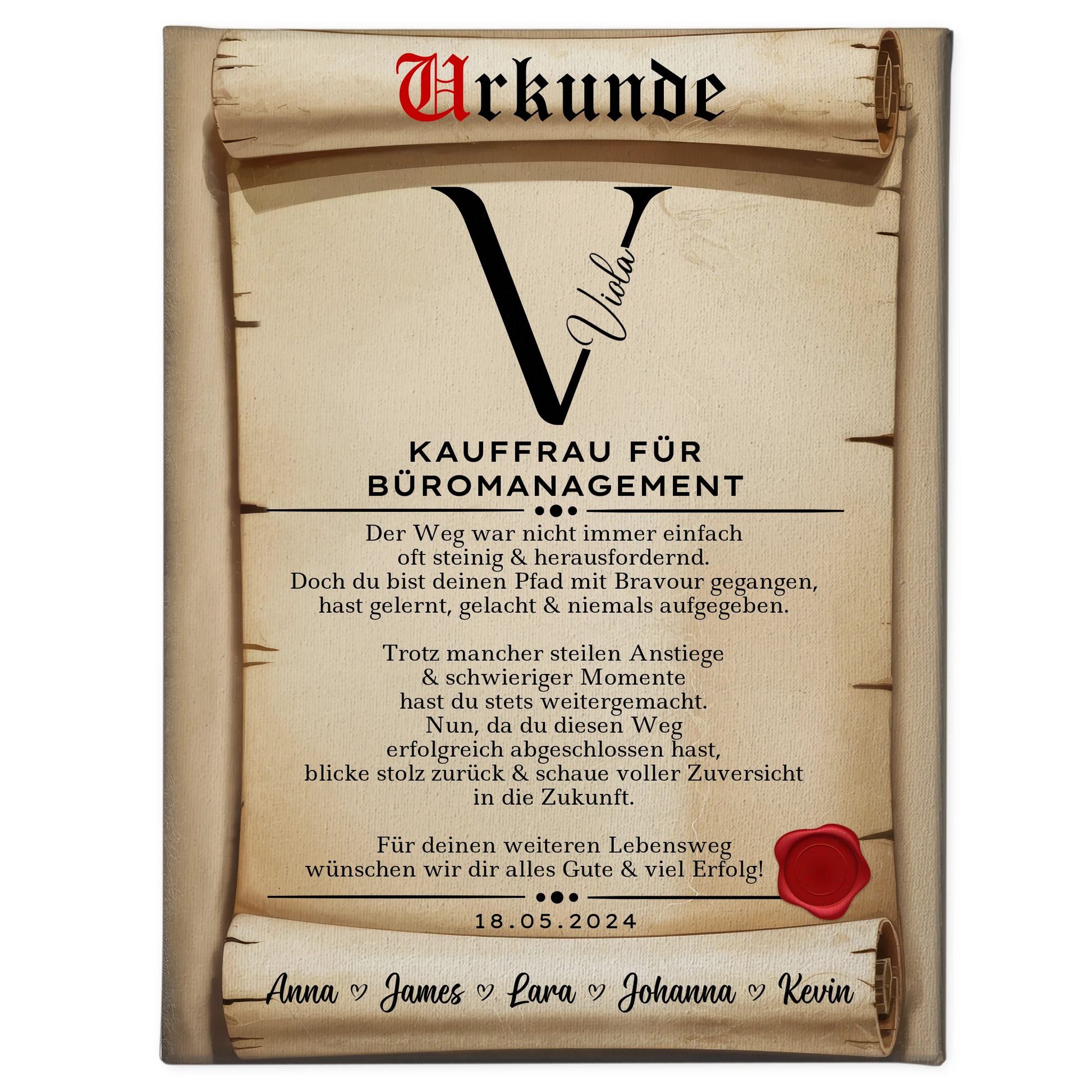 Geschenk Abschluss Ausbildung Kauffrau für Büromanagement Leinwand Urkunde 1