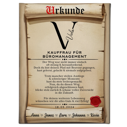 Geschenk Abschluss Ausbildung Kauffrau für Büromanagement Leinwand Urkunde 1