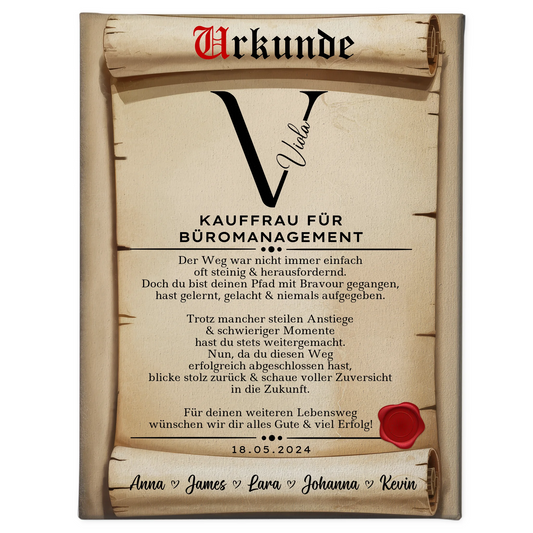 Geschenk Abschluss Ausbildung Kauffrau für Büromanagement Leinwand Urkunde 1
