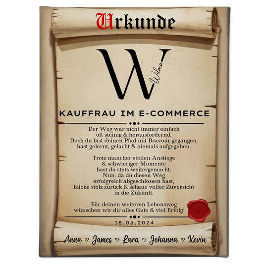 Ausbildungsabschluss Geschenk Kauffrau im E-Commerce Leinwand Urkunde 1