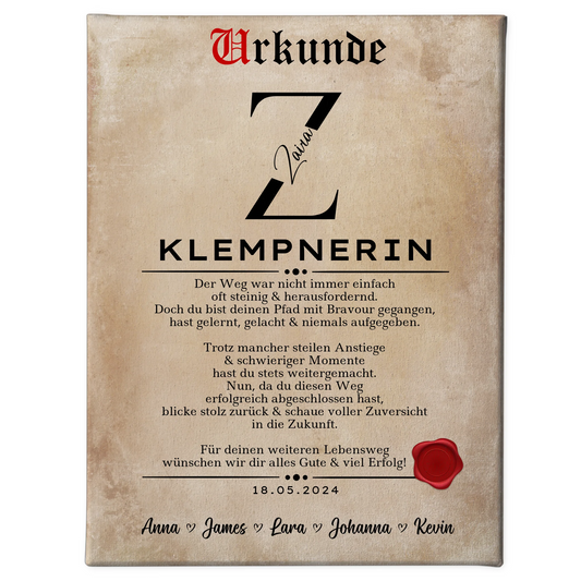 Geschenk Zum Abschluss Ausbildung Klempnerin Leinwand Urkunde 1