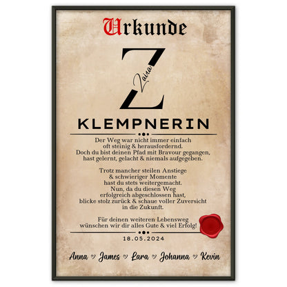 Geschenk Zum Abschluss Ausbildung Klempnerin Poster Urkunde