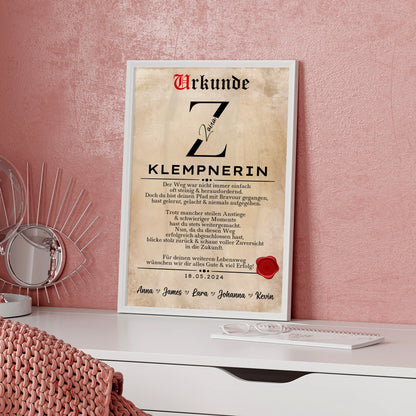 Geschenk Zum Abschluss Ausbildung Klempnerin Poster Urkunde
