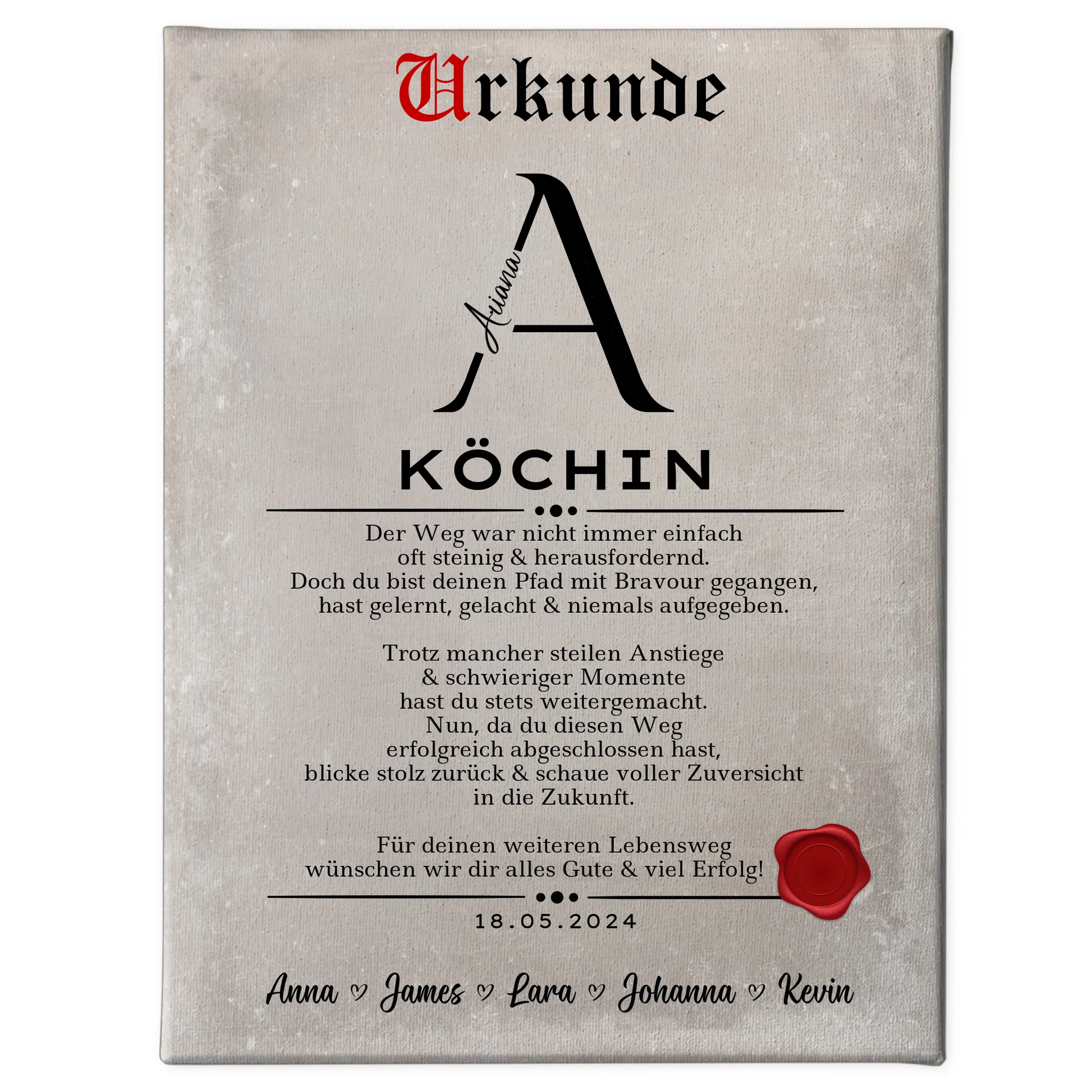 Geschenk Abschluss Ausbildung Köchin Leinwand Urkunde 1