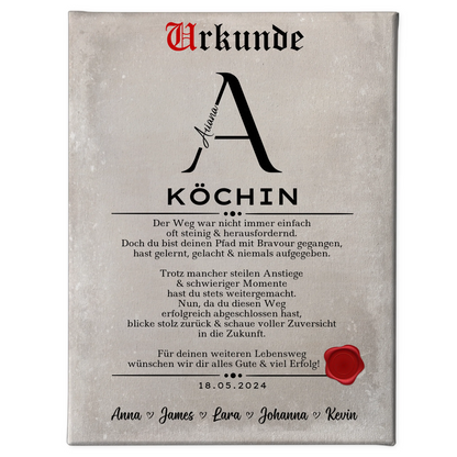 Geschenk Abschluss Ausbildung Köchin Leinwand Urkunde 1