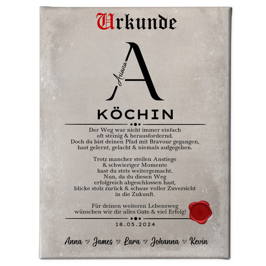 Geschenk Abschluss Ausbildung Köchin Leinwand Urkunde 1