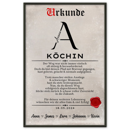 Geschenk Abschluss Ausbildung Poster Urkunde Köchin