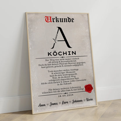 Geschenk Abschluss Ausbildung Poster Urkunde Köchin