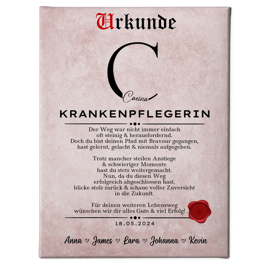 Geschenk Zum Abschluss Ausbildung Krankenpflegerin Leinwand Urkunde 1