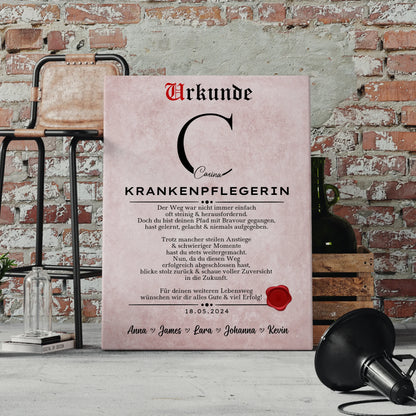 Geschenk Zum Abschluss Ausbildung Krankenpflegerin Leinwand Urkunde 4