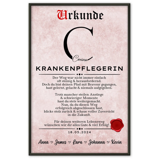 Geschenk Zum Abschluss Ausbildung Poster Urkunde Krankenpflegerin